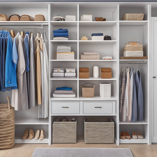 A tidy, well-lit closet with a mix of open shelves, closed cabinets, and hanging rods, showcasing a variety of storage bins, baskets, and hooks, with a few stylish shoes and clothes neatly organized.