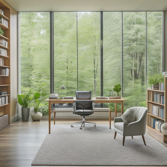 A serene, modern New Jersey home office with a sleek, wooden desk, a comfortable, ergonomic chair, and floor-to-ceiling windows overlooking lush greenery, surrounded by organized bookshelves and calming artwork.