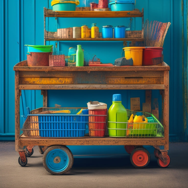 A cluttered, worn-out shopping cart with rusty wheels and faded paint, surrounded by scattered tools and DIY materials, transformed into a sleek, modern, and organized cart with wooden crates and colorful bins.