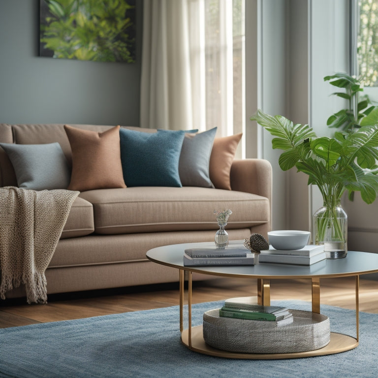 A serene living room with a tidy couch, a vase with fresh flowers, and a few choice books on a minimalist coffee table, set against a backdrop of a sparkling clean floor and a few subtle indoor plants.