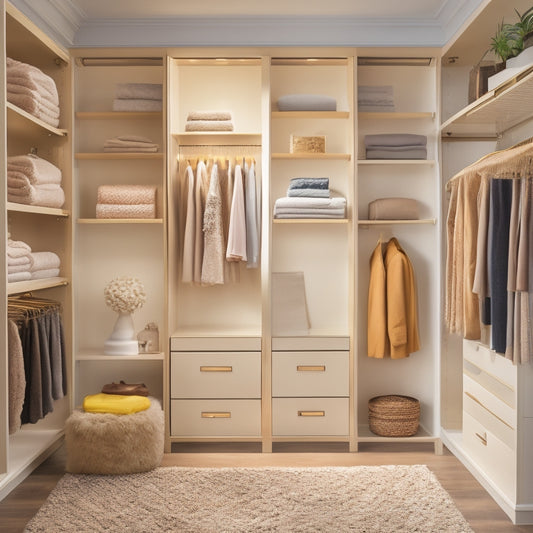 A serene, modern closet with sleek, floor-to-ceiling shelves, soft golden lighting, and a plush area rug, showcasing a mix of hanging garments, storage bins, and stylish accessories.