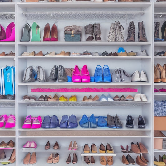 A cluttered closet with scattered shoes, followed by a transformed closet with shoes organized on stacked cubbies, hanging organizers, and a shoe rack with a few pairs artfully arranged on a shelf.