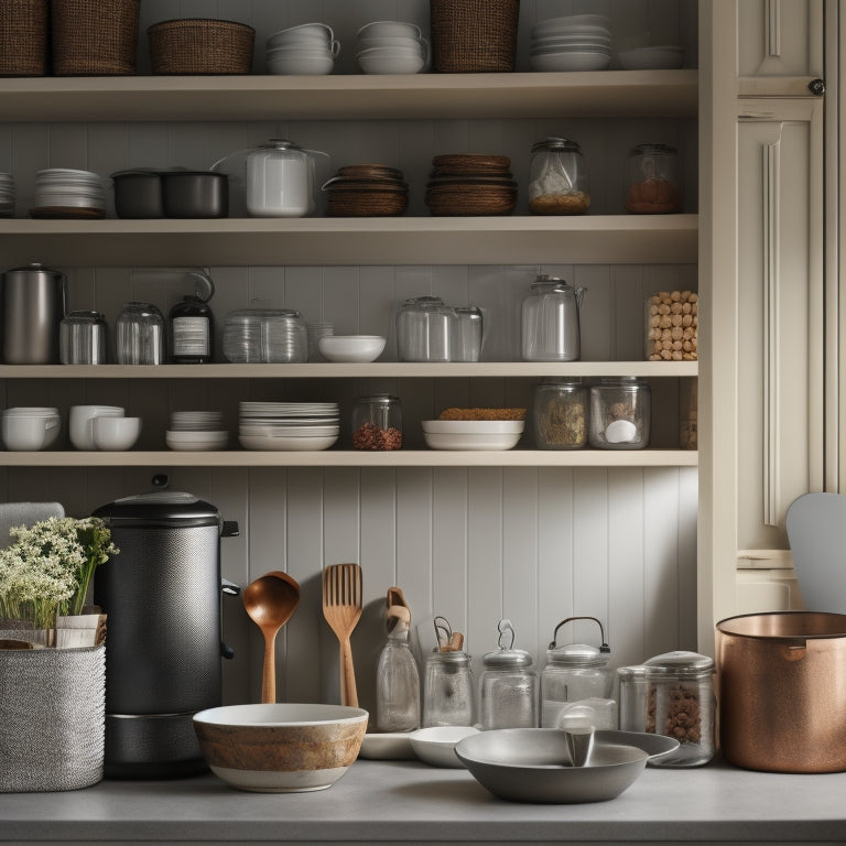 A serene, well-lit kitchen with sleek cabinetry, showcasing organized contents: neatly stacked dinnerware, labeled spice jars, and a utensil holder with perfectly arranged kitchen tools.