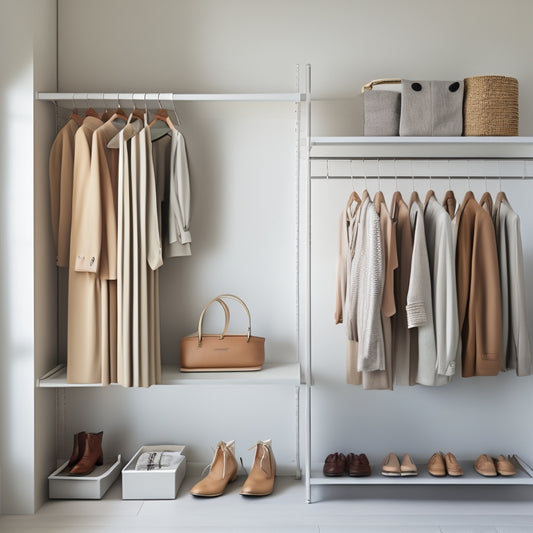 A minimalist, tidy closet with a few, stylishly arranged outfits on a rack, surrounded by empty hangers, and a few folded clothes on shelves, with a subtle background of soft, natural light.