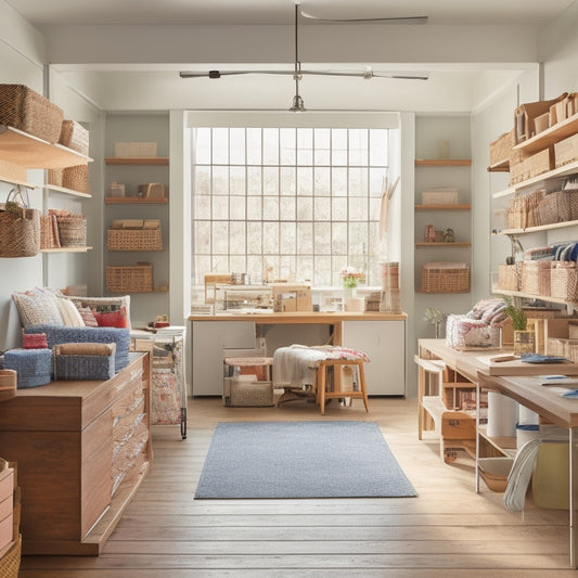 A bright, airy sewing room with a large, wooden worktable at its center, surrounded by shelves, bins, and baskets in various shapes, sizes, and materials, filled with spools, threads, and fabrics.