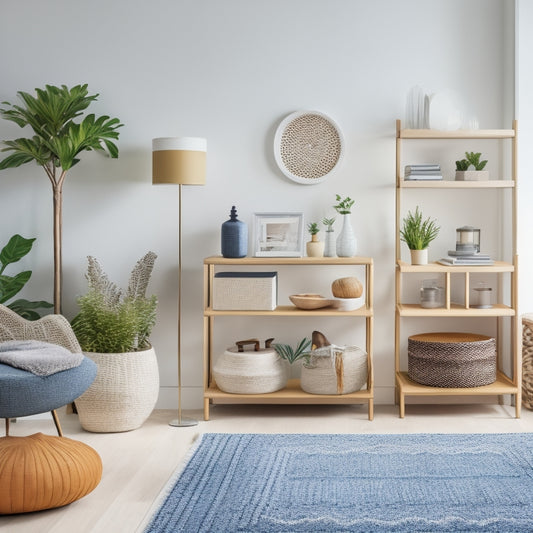 A bright, modern living room with a minimalist aesthetic, featuring a sleek shelving unit, woven baskets, and a geometric-patterned rug, with a few carefully placed decorative objects.