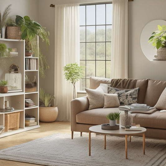 A serene, clutter-free living room with a neutral color palette, featuring a perfectly organized bookshelf, a minimalist coffee table, and a few strategically placed potted plants, bathed in warm natural light.