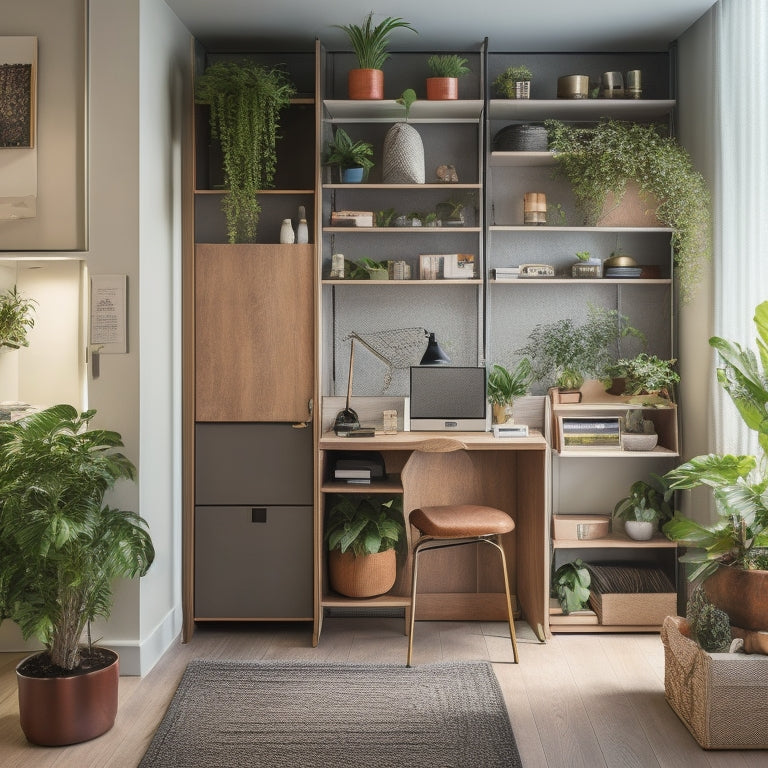 A cluttered, narrow urban apartment hallway with a sleek, wall-mounted fold-down desk, a hidden Murphy bed, and a compact, multi-tiered shelving unit with baskets and plants.