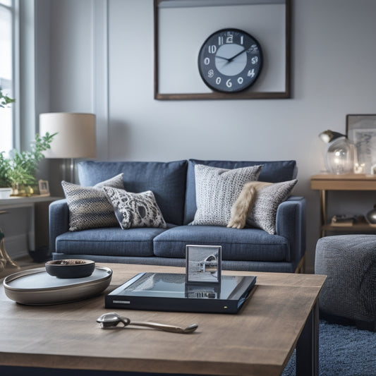 A modern living room with a tablet on the coffee table, surrounded by organized household items, with a subtle background of a calendar, a clock, and a few subtle app icons.