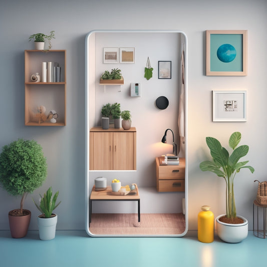 A minimalist illustration of a small apartment with a cluttered room transforming into a tidy space, featuring a smartphone with various decluttering app icons on the screen.