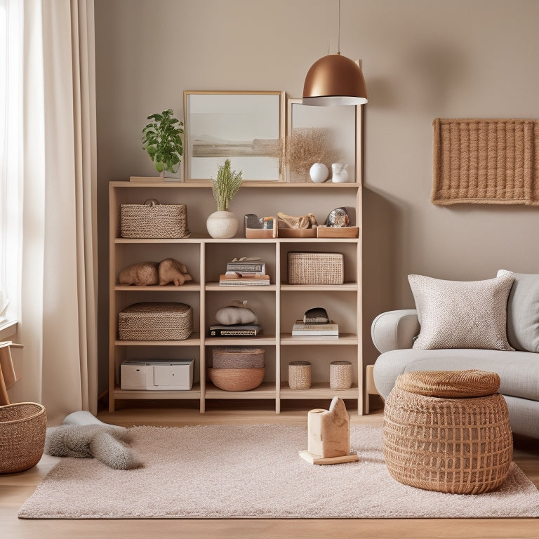 A cozy living room with a compact storage ottoman, a wall-mounted shelf with woven baskets, and a minimalist bookcase with a few favorite toys and books, all in a calming beige and wood tone color scheme.