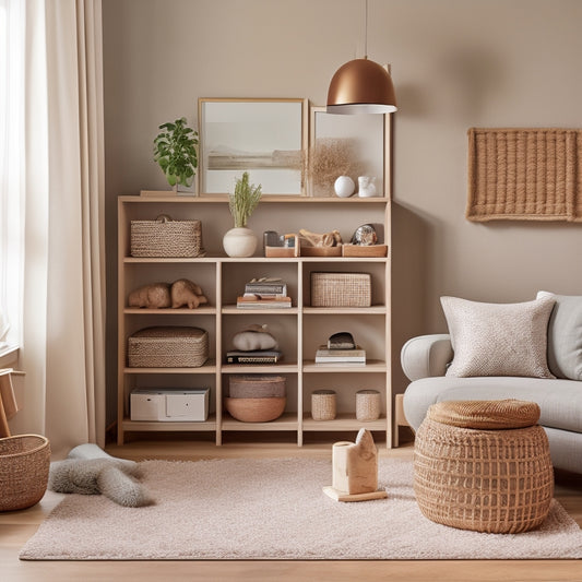 A cozy living room with a compact storage ottoman, a wall-mounted shelf with woven baskets, and a minimalist bookcase with a few favorite toys and books, all in a calming beige and wood tone color scheme.