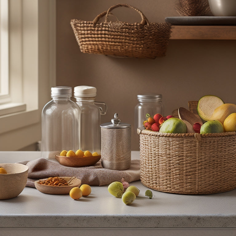 A tidy kitchen counter with a stainless steel utensil organizer, a ceramic spice rack, and a woven basket holding fresh fruits, set against a warm beige background with soft, natural lighting.