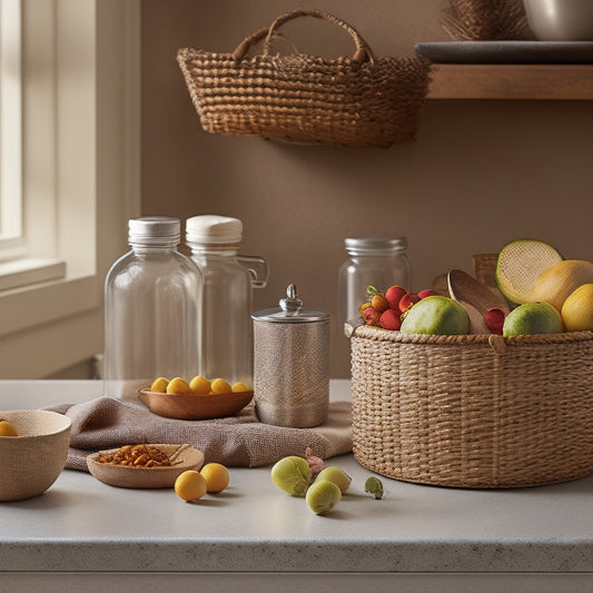 A tidy kitchen counter with a stainless steel utensil organizer, a ceramic spice rack, and a woven basket holding fresh fruits, set against a warm beige background with soft, natural lighting.