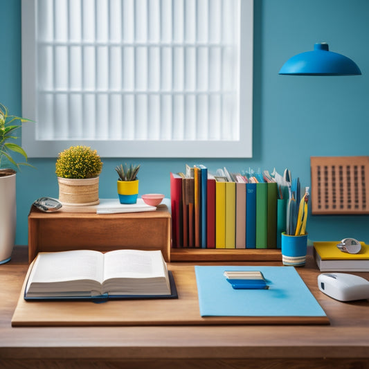 A serene, minimalist workspace with a wooden desk, a tidy bookshelf in the background, and a few carefully placed, colorful organization tools, such as a planner and a set of pens, on top.
