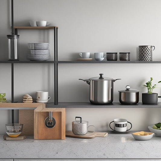 A clutter-free small kitchen countertop with a stainless steel utensil holder, a compact coffee maker, a wall-mounted pot rack, and a tiered corner shelf, all in a sleek, modern aesthetic.