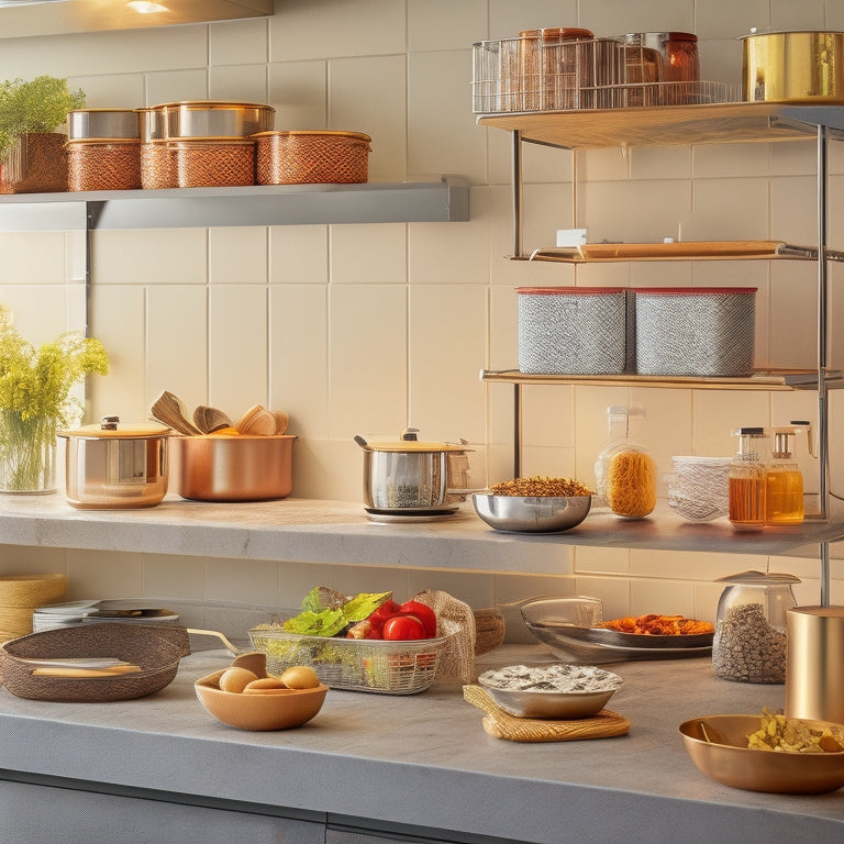 A modern kitchen with a sleek, stainless steel tiered rack centered, surrounded by vibrant spices, cookbooks, and utensils, against a warm, honey-colored wood backdrop, with soft, golden lighting.