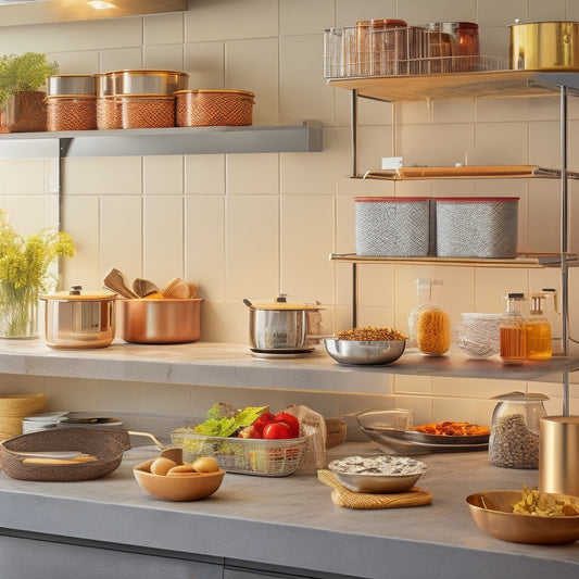 A modern kitchen with a sleek, stainless steel tiered rack centered, surrounded by vibrant spices, cookbooks, and utensils, against a warm, honey-colored wood backdrop, with soft, golden lighting.