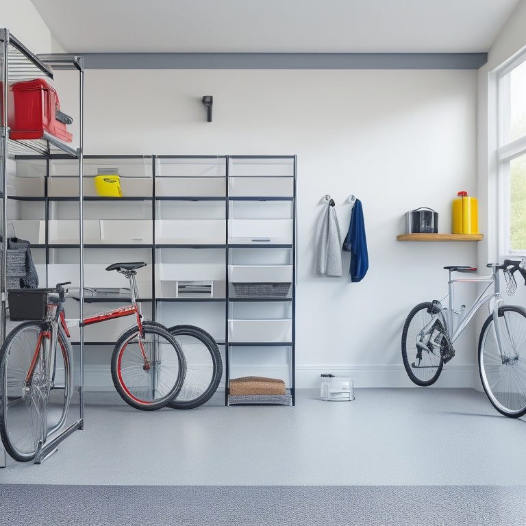 A modern garage interior with a sleek, silver foldable shelving unit featuring three tiers, holding various storage bins, a bicycle, and a toolbox, against a clean, white background.