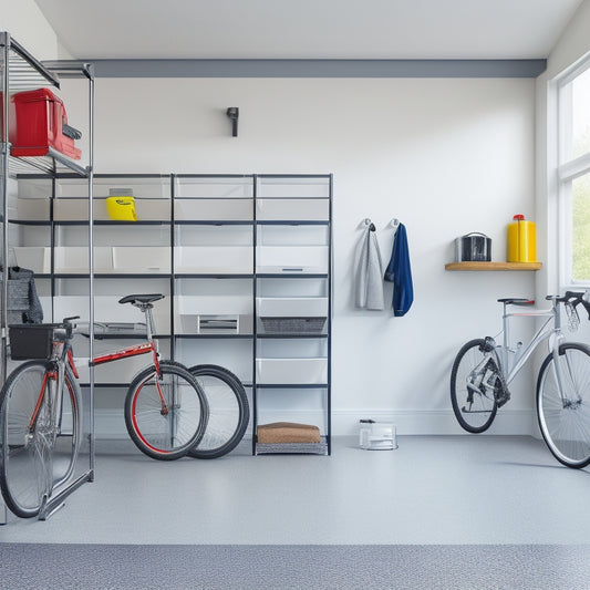 A modern garage interior with a sleek, silver foldable shelving unit featuring three tiers, holding various storage bins, a bicycle, and a toolbox, against a clean, white background.