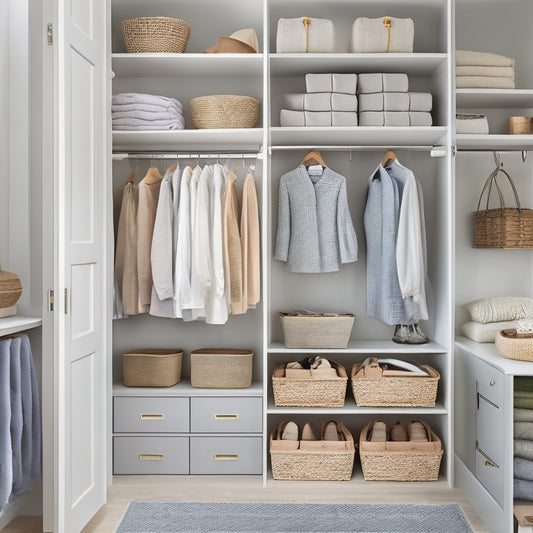 A serene, well-lit closet interior with a mix of open shelves, drawers, and hanging rods, featuring a color-coded clothing arrangement, woven baskets, and a minimalist shoe rack against a soft, creamy background.