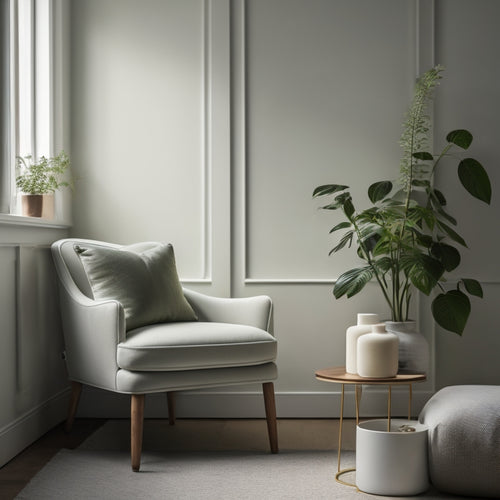 A serene, minimalist room with a plush armchair, a side table with a single candle, and a few carefully placed, lush green plants, surrounded by creamy white walls and soft, natural light.