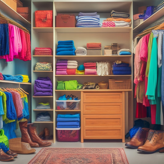 A cluttered closet with clothes scattered on the floor, shoes stacked haphazardly, and a jumble of accessories on a messy shelf, contrasted with a tidy half featuring organized shelves, labeled bins, and a calm atmosphere.