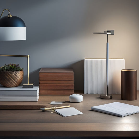 A minimalist desk with a pale wood grain background, featuring a sleek silver desk lamp, a stack of color-coded files, and a few scattered but neatly arranged office supplies.