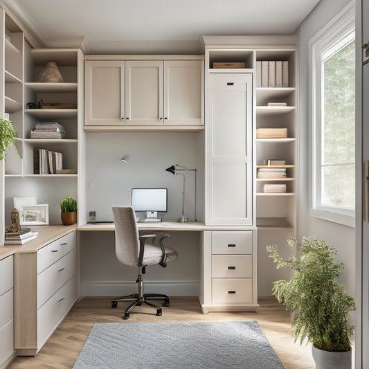 A tidy, modern home office closet with adjustable shelves, wooden cabinets, and a built-in desk, surrounded by calming neutral colors and soft natural light.