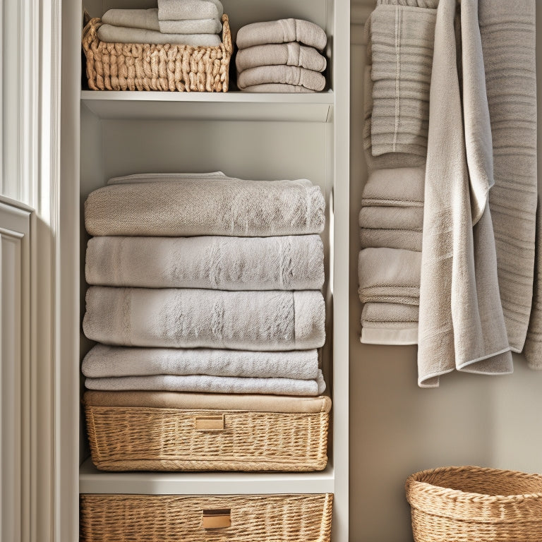 A serene, well-lit linen closet with neatly folded, stacked, and categorized linens, towels, and bedding, on custom shelves and in woven baskets, against a calming, light-gray background.