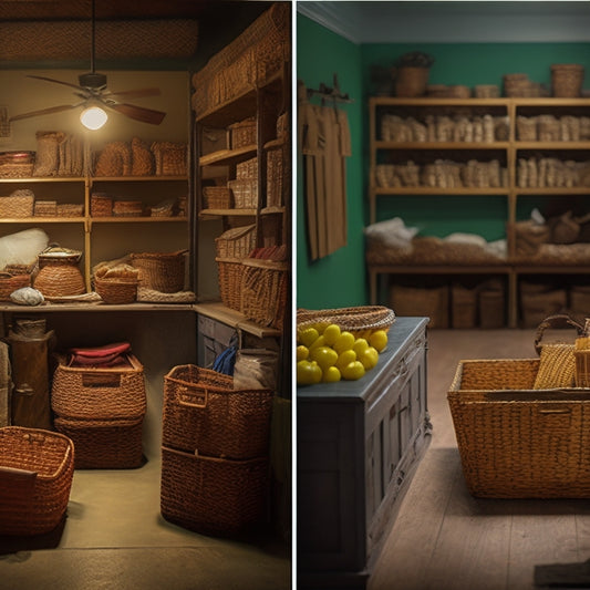 A before-and-after split-screen image: a cluttered, dimly lit room with scattered items and messy shelves on the left, and a bright, organized space with wooden crates, woven baskets, and labeled bins on the right.