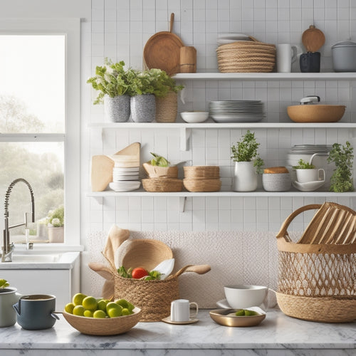 A bright, modern kitchen with open shelves, showcasing stacked ceramic plates, hanging utensils, and a woven basket filled with fresh produce, surrounded by sleek, minimalist decor.