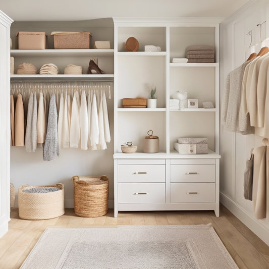 A serene, well-organized bedroom closet with pale wood shelves, soft cream-colored walls, and a plush area rug, featuring a mix of hanging rods, storage bins, and a sleek, minimalist dresser.