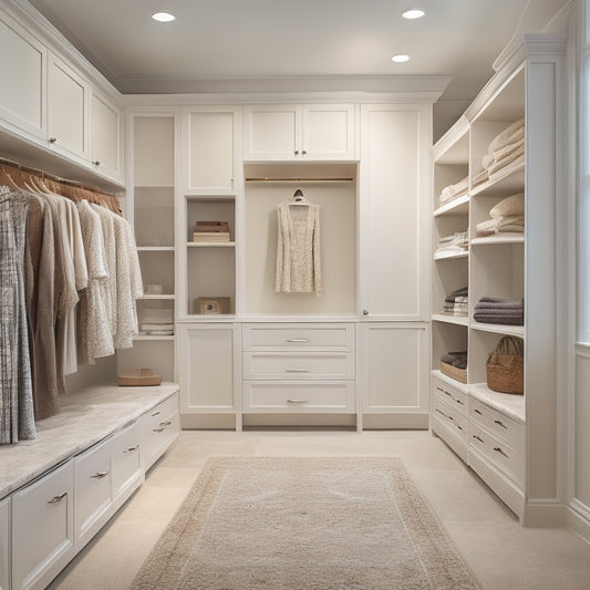 A serene, light-filled walk-in closet with custom shelving, drawers, and cabinets in a calming beige and white color scheme, featuring a dignified wooden island with a built-in bench.