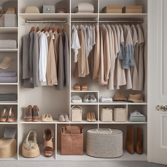 A serene, well-lit closet with a neutral beige background, featuring a mix of wooden and metal shelves, holding neatly arranged clothes, shoes, and accessories in a harmonious, color-coordinated display.