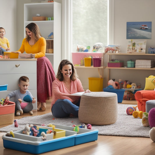 A serene, organized living room with a calm, smiling working mom in the background, surrounded by tidy toys, a minimalist desk, and a few, carefully-placed, colorful storage bins.
