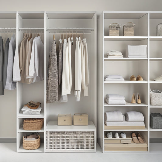 A serene, minimalist closet with neatly organized clothes on sleek, white shelves, a few stylish outfits on a clothing rack, and a small, woven basket on the floor holding a few carefully folded items.