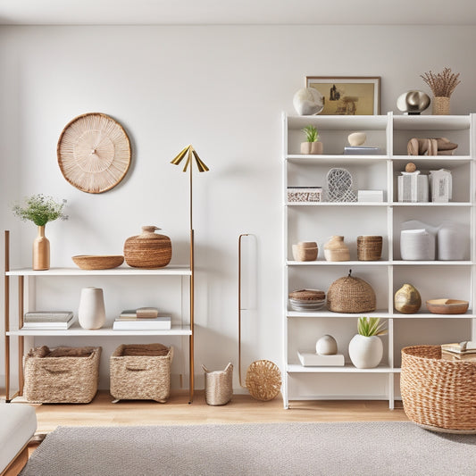 A bright, modern living room with a sleek, wall-to-wall shelving unit, wicker baskets, and a minimalist floating desk, surrounded by a few, carefully-placed decorative objects and plenty of empty space.