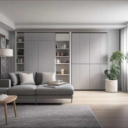 A minimalist living room with a murphy bed, wall-mounted foldable desk, and a compact sectional sofa in a light gray tone, surrounded by sleek, floor-to-ceiling storage units.