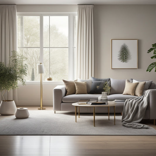 A serene, minimalist living room with a few, carefully curated decorative items, a sleek coffee table, and a plush area rug in a calming color palette, surrounded by plenty of natural light.