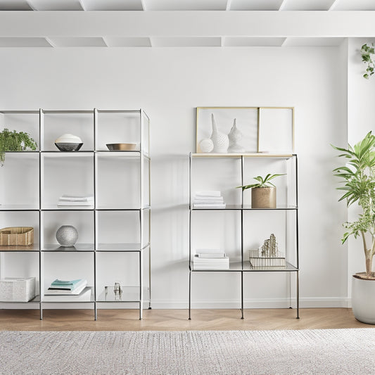 A bright, modern room with crisp white walls, polished wood floors, and a statement wall featuring sleek, silver Elfa shelving units with minimalist metal frames and wooden shelves in a geometric pattern.