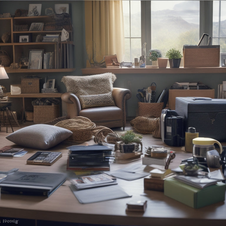 A cluttered living room with scattered papers, tangled cords, and overflowing shelves, contrasted with a sleek tablet or smartphone displaying a tidy digital calendar and organized files.