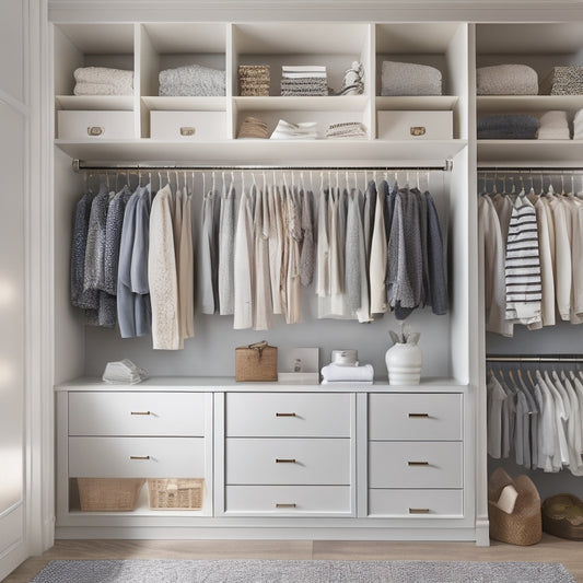 A serene, well-lit closet interior with a mix of open shelving, drawers, and hanging rods, adorned with a few stylish outfits, shoes, and accessories, amidst a calming background of soft grays and whites.