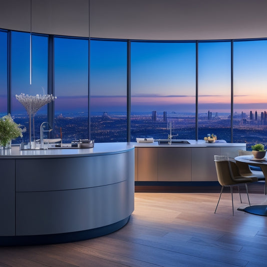 A serene, modern kitchen with a sleek, curved island featuring built-in sink, cooktop, and storage, surrounded by minimalist chairs and a large window with a cityscape view at dusk.