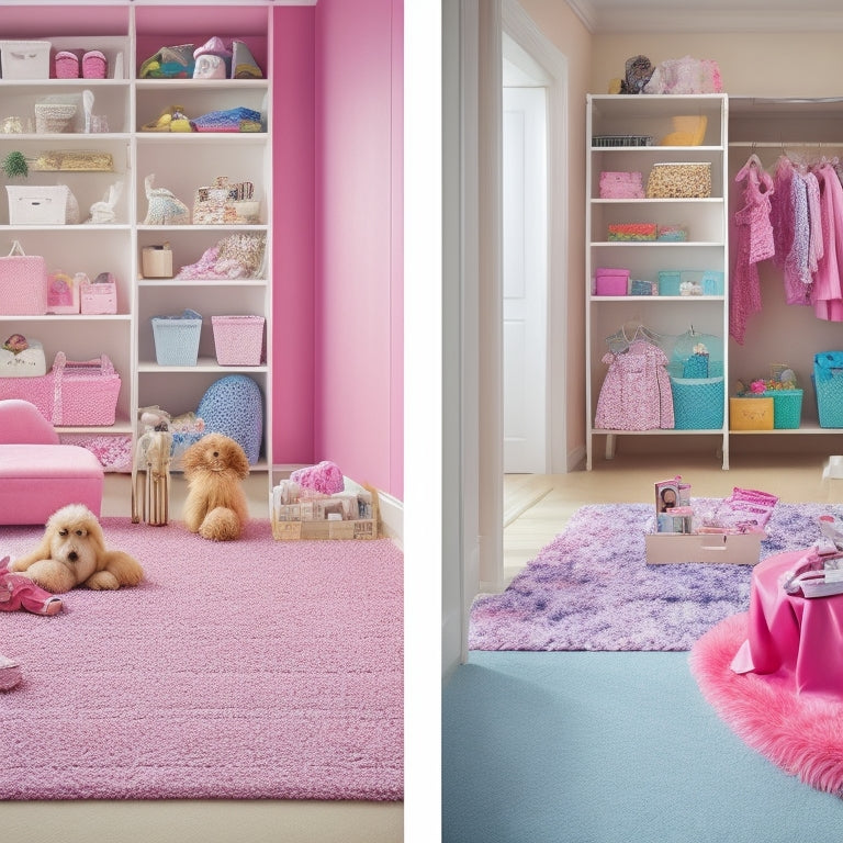 A before-and-after diptych: cluttered floor with scattered Barbie dolls, clothes, and accessories versus a serene, organized play area with neatly stored toys and a calm, pastel-hued backdrop.