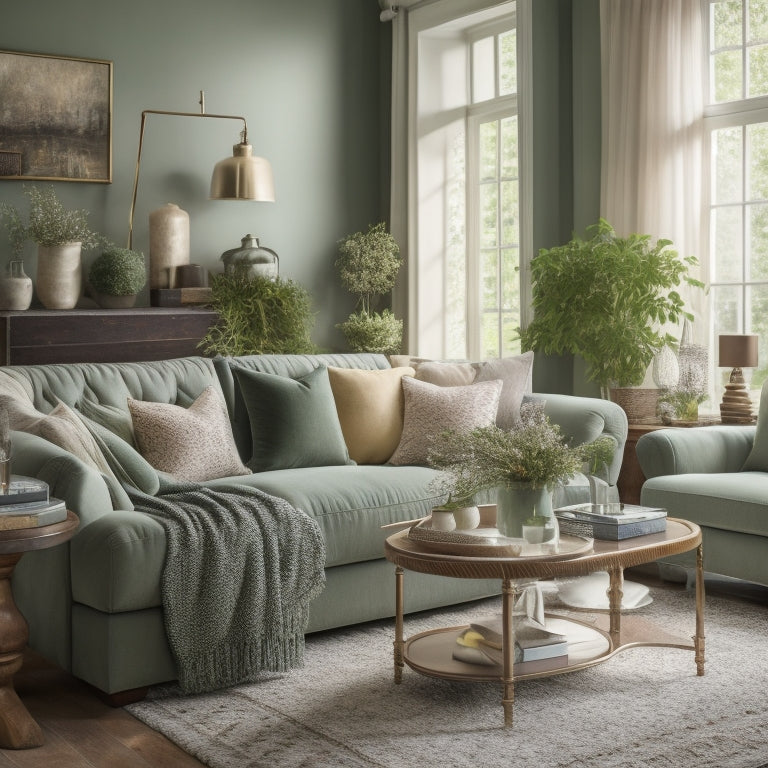 A cozy living room with a plush sectional sofa in a soft sage green, adorned with throw pillows in complementary hues, surrounded by vintage decorative pieces and lush greenery, all within a warm, inviting atmosphere.