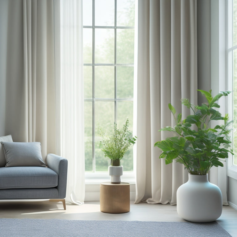 A serene, minimalist living room with a few, carefully-placed pieces of modern furniture, a vase with fresh flowers, and a large window with soft, white curtains blowing gently in the breeze.