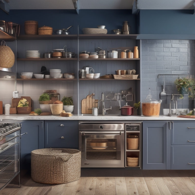 A cluttered kitchen with stacked pots, utensils, and appliances spilling out of cabinets, contrasted with a sleek, organized kitchen featuring custom storage solutions like pull-out drawers and built-in spice racks.