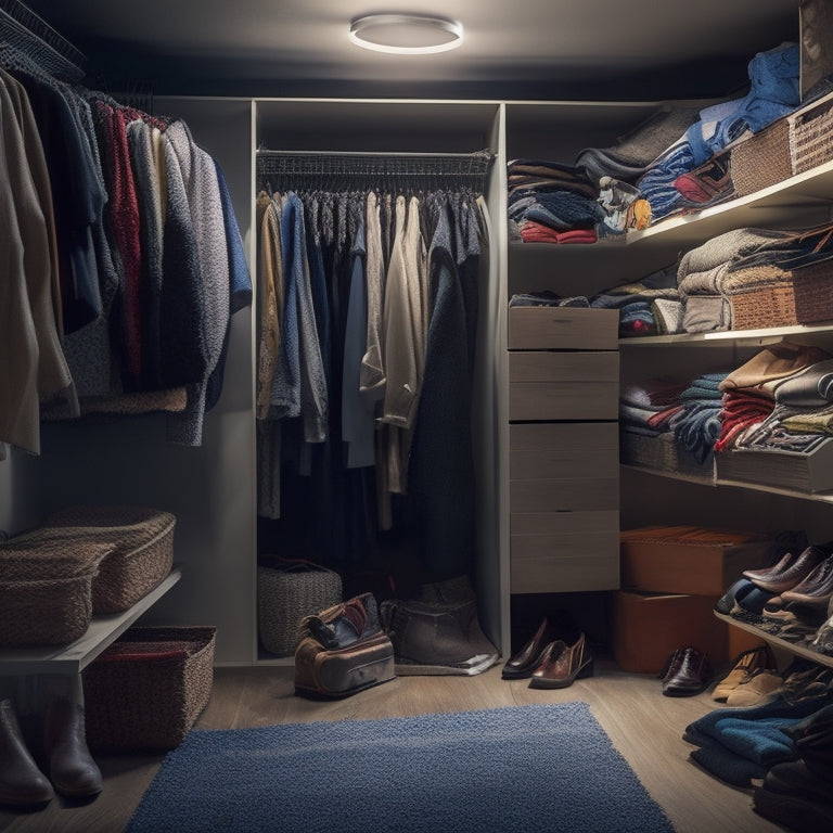 A cluttered closet interior with clothes bursting out of shelves, tangled hangers, and a mess of shoes, accessories, and storage bins overflowing onto the floor, illuminated by a single, dim light bulb.