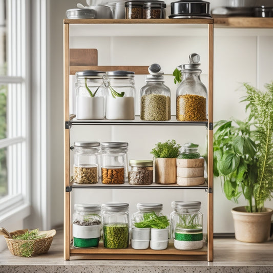 A clutter-free kitchen cart with a built-in spice rack, featuring small glass jars with white lids, arranged on a wooden shelf, surrounded by a few fresh herbs and a small, sleek kitchen utensil.